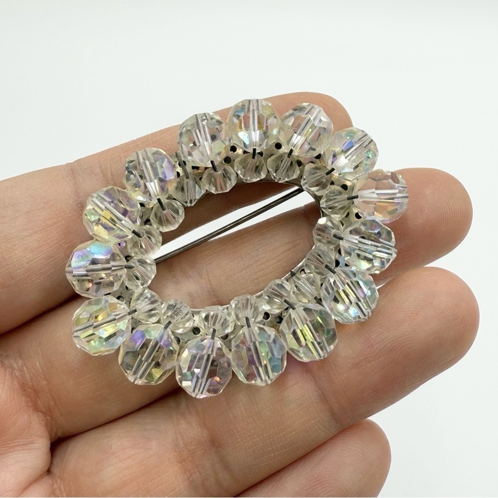 Vintage AURORA BOREALIS Crystal Beaded Cluster Oval Silver Tone Brooch Pin